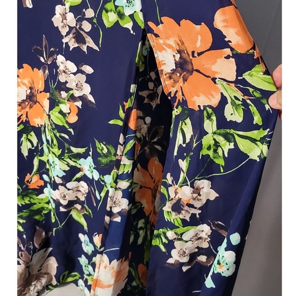 Chocolate Floral Maxi Dress  Blue Orange Flowers Ruffle Neckline Party Size S - Picture 6 of 9